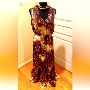 WESLEEROSE Floral Sleeveless Maxi Dress with attached scarf, shimmering material